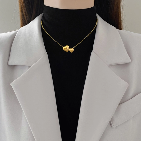 Doppelherz Kette Titanstahl Vergoldet Minimalistischer Anhänger Für Damen Schicker Ins Stil Schlüsselbeinkette