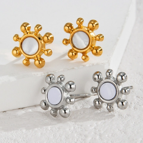 Pendientes De Botón Sol Acero Inoxidable Chapado En Oro De 18K Incrustación Nácar Estilo Geométrico Minimalista Para Mujeres