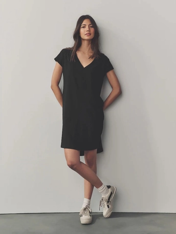 Solid Color V Neck Short Sleeve Mini Dress Slim Fit Polyester Summer Casual T-Shirt Dress For Women