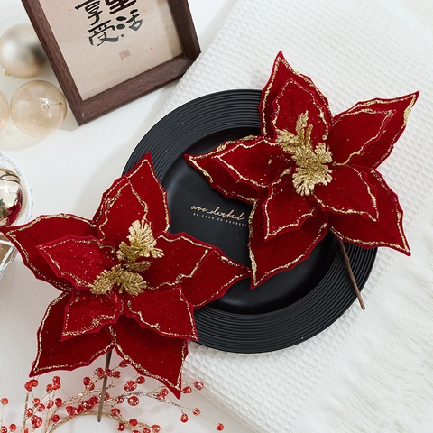 Fiori Di Poinsettia Di Natale Artificiali Velluto Flanella Glitter Oro Scintillanti Decorazioni Festive Realistiche Vaso