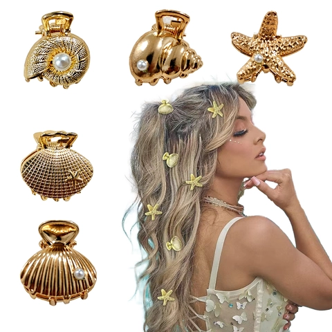 Golden Mini Hair Claw Clips Alloy Shell Starfish Butterfly Shape With Faux Artificial Pearl Rhinestone Small Hairpins For Women