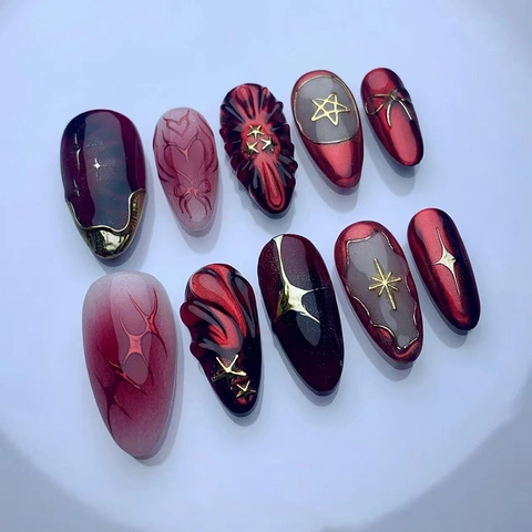 Gothic Dark Star Sky Press On Nails Katzenaugeneffekt Mandelform ABS Kunststoff Mit Reliefsternen Für Damen