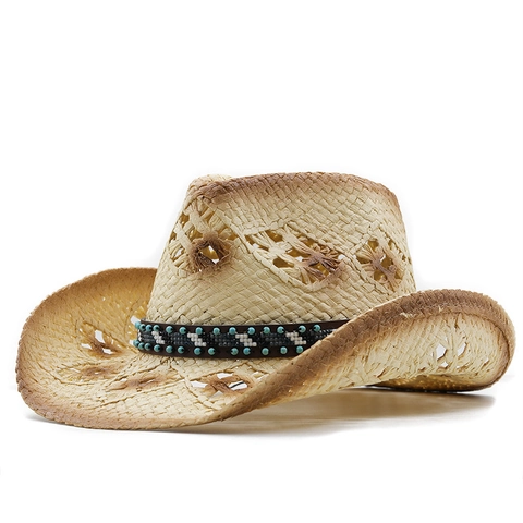 Western Cowboy Straw Hat Retro Gradient Wide Brim Sun Protection Hollow Out Paper Straw Hat With Ethnic Beaded Band