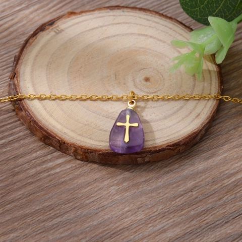 Collier Pendentif Croix en Pierre Naturelle en Acier Inoxydable pour Femmes Chaîne Goutte d'Eau Plaqué Or Bijoux de Mode