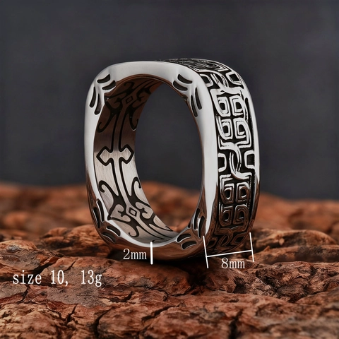 Vintage Square Ring Men Stainless Steel Fret Pattern Geometric Carved Punk Biker Jewelry Band Accessory
