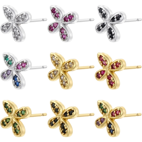Clover Bow Stud Earrings Copper Zircon Inlaid Colorful Stones Geometric Fashion Lightweight Luxury Jewelry For Women