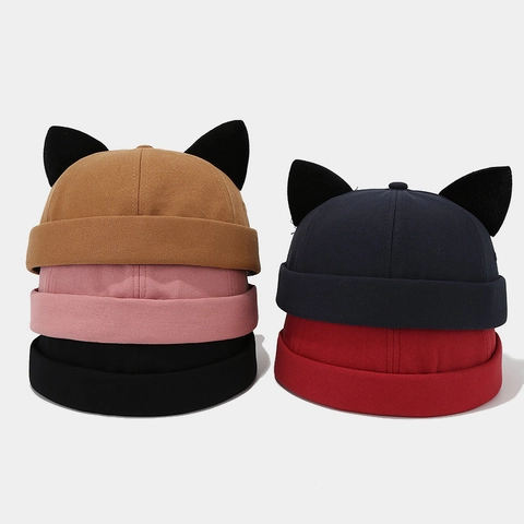 Cotton Docker Hat With Cat Ears Adjustable Brimless Retro Streetwear Cap For Men Women Versatile Breathable Hip Hop Hat