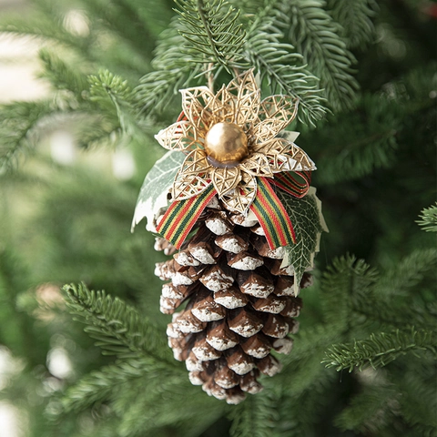 Ornamenti Appesi Pigne Di Natale Naturali Con Neve Fiocco Di Stoffa Nastro Bacche Decorazione Per Albero Rustica