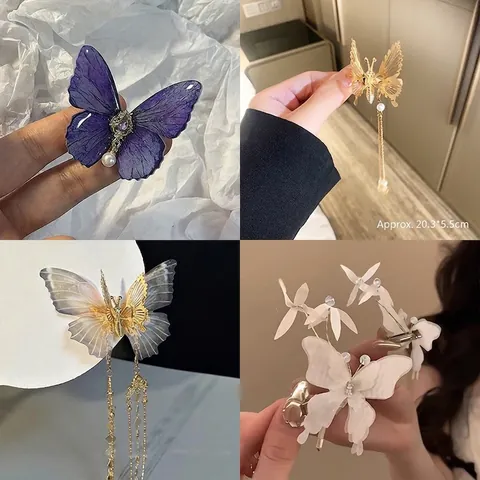 3D Schmetterling Haarspangen Elegant Stoff Stickerei Metall Strass Quaste Künstliche Perle Haarnadeln Fairy Style Damen Mädchen