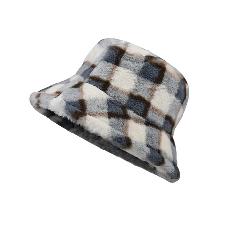 Plaid Plush Bucket Hat Faux Fur Winter Warm Soft Outdoor Casual Vintage Fisherman Cap For Women Adjustable