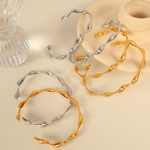 Minimalistischer Geometrischer Wellen Offener Armreif Für Damen Edelstahl 18K Vergoldet Schicker Unregelmäßiger Linien Schmuck