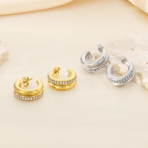 Retro C-Shaped Hoop Earrings Stainless Steel Paved Rhinestones Chunky Geometric Jewelry For Women