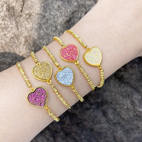 Heart Druzy Stone Bracelet Women Gold Plated Copper Adjustable Sliding Buckle Box Chain Fashion Jewelry