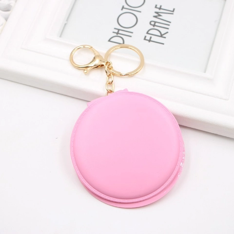 Round Folding Compact Mirror Keychain Dual Sided PU Leather Metal Portable Bag Charm For Women Makeup Travel Solid Color