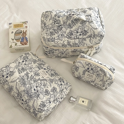 Neceser De Maquillaje De Algodón Acolchado Estampado Floral Bolsa De Aseo Portátil Organizador De Cuidado De La Piel