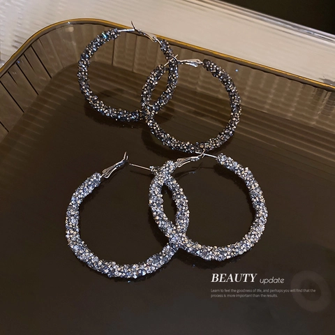 Orecchini A Cerchio Moda Con Strass Lega Geometrico Rotondo Luccicante Donna 925 Sterling Silver Earring Post