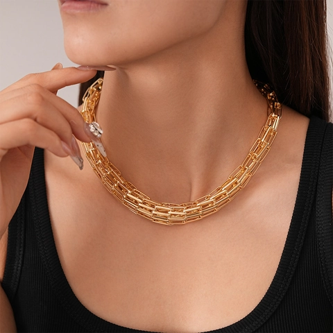 Multi-Layer Chain Necklace Iron Alloy Geometric Linked Heavy Duty Punk Style For Women Fashion Neck Jewelry