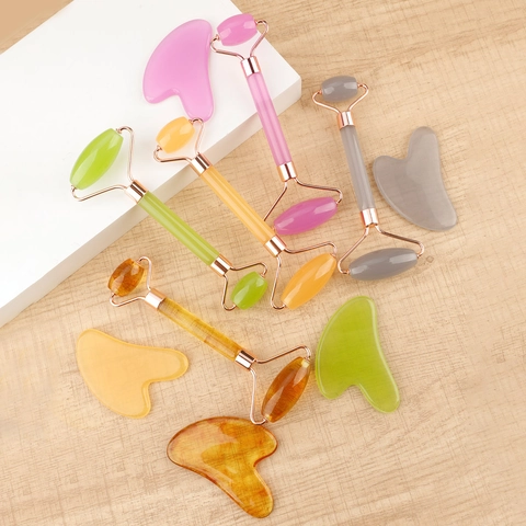 Resin Facial Roller And Heart Gua Sha Board Face Massager Dual Head Skin Care Tool For Puffiness Relief Lifting