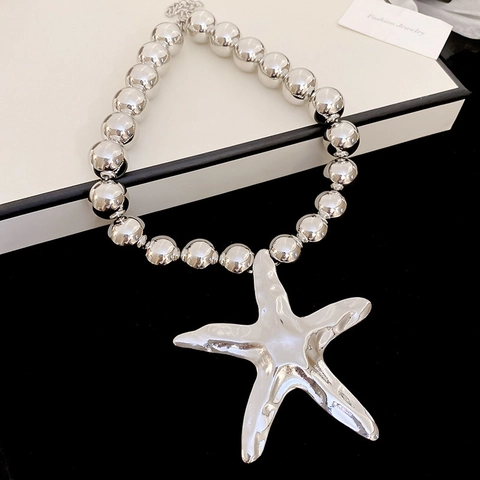 Exaggerated Starfish Pendant Ball Chain Necklace Alloy Metallic Silver Color Y2K Style Bold Jewelry For Women