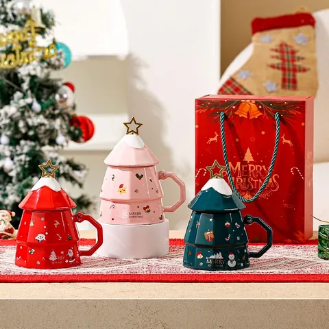 Weihnachtsbaum Keramikbecher Mit Goldstern Deckel Und Löffel Feiertags Kaffeetasse Geschenkbox Große Kapazität Cartoon Neuheit