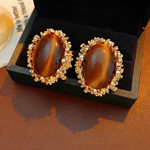 Vintage Oval Tiger Eye Stone Stud Earrings With Golden Textured Alloy Border And Silver Earring Post For Women