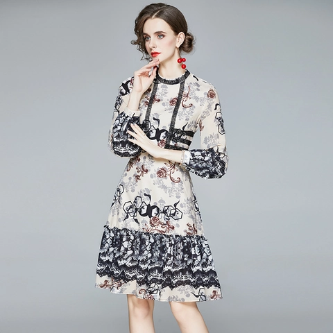 Dames Midi Jurk Bloemenprint Chiffon Lange Mouwen Elegant Opstaande Kraag Ruches Aan De Zoom Kant