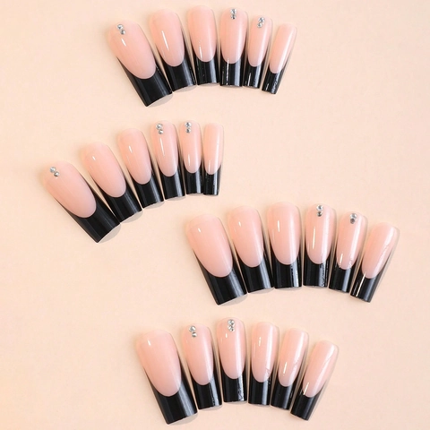 Extra Long Coffin Press On Nails French Black Tips With Rhinestones Plastic Fake Nails For Women Wearable Manicure