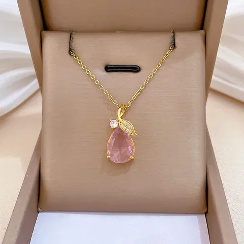 Elegante Collana Con Pendente A Goccia Catena In Acciaio Inossidabile Foglia Di Rame Gioielli In Zircone Per Donna