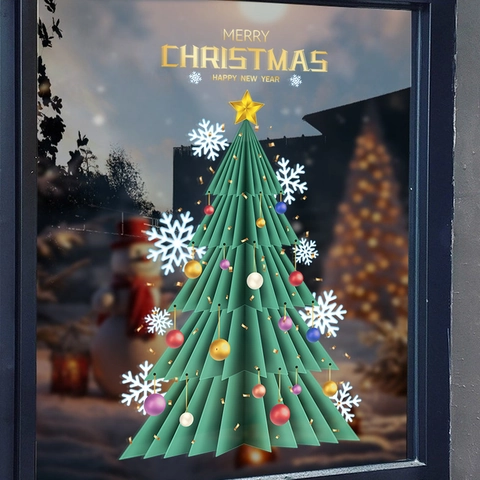 Christmas Tree Window Stickers Static Cling PVC Double Sided Colorful Snowflake Decals Holiday Shop Home Decor