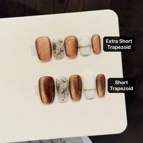 Faux Ongles À Presser Fait Main Œil De Chat Marron Or Étoile Paillettes Forme Cercueil Style Doux De Luxe