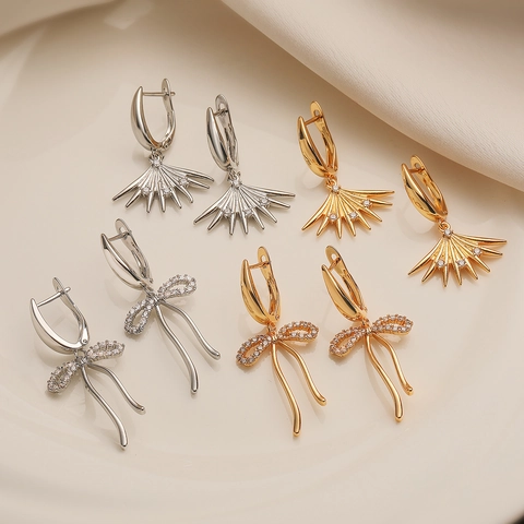 Orecchini a Goccia in Rame a Forma di Fiocco e Ventaglio per Donna Placcati Oro Argento Eleganti Strass Intarsiati Gioielli Minimalisti Regalo