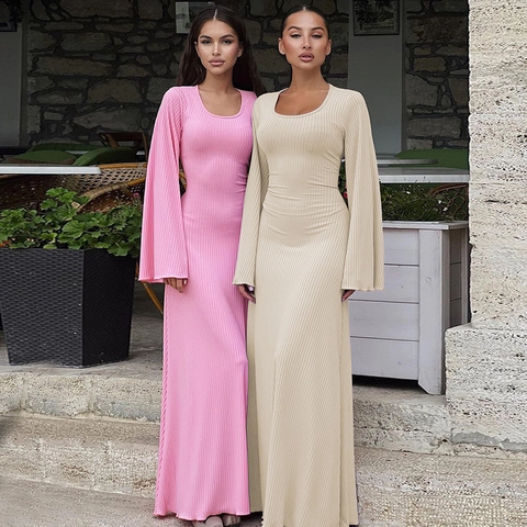Women Fashion U-Neck Back Lace-up Long Bell Sleeve Ribbed Knit Slim Maxi Dress Autumn Solid Color Casual Pullover Dress