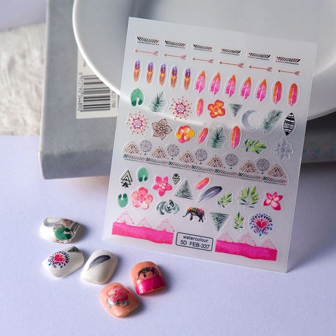 Autocollants Nail Art 5D Gaufrés Aquarelle Bohème Plume Mandala Éléphant Auto Adhésifs Décalcomanies Manucure Pour Femmes