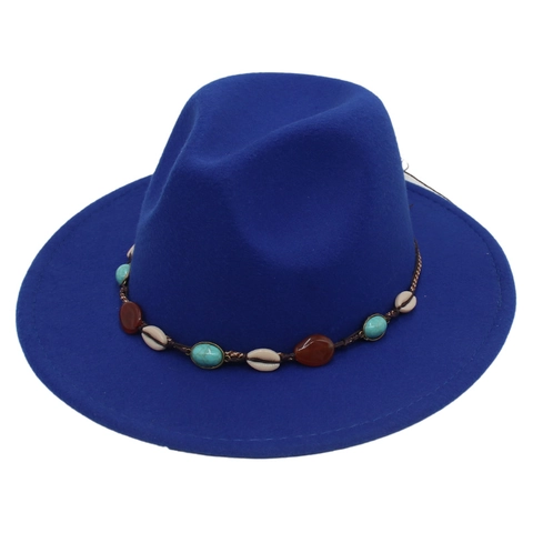 Bohemian Fedora Hat Wide Brim Felt Gemstone Beaded Band Shell Decoration Western Ethnic Style Vintage Jazz Fedora Hat