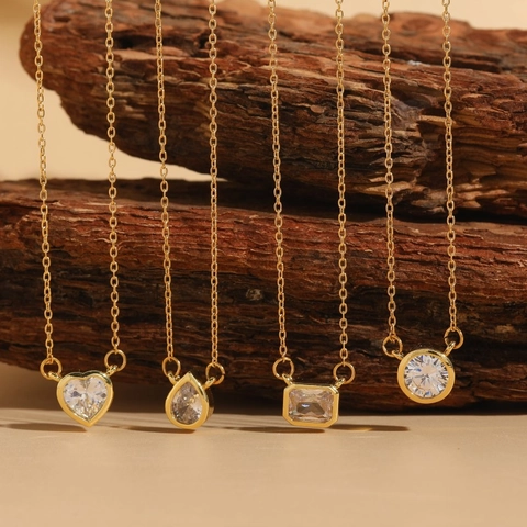 Zirkonia Anhänger Halskette 14K Vergoldetes Kupfer Geometrisch Herz Quadrat Rund Minimalistischer Schmuck Für Frauen