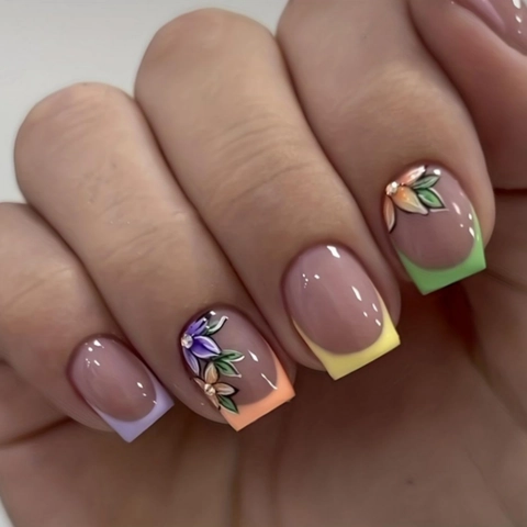 French Tip Floral Press On Nails Short Square Glossy Sweet Summer Style ABS Plastic Manicure Accessory For Women