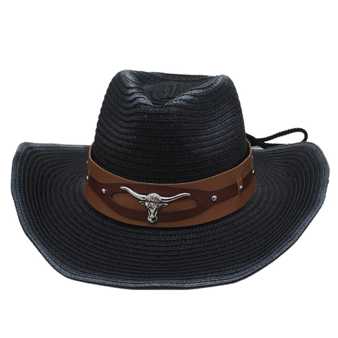 Western Cowboy Strohhut Breite Krempe Gewebt Sonnenschutz Outdoor Stierkopf Metall Logo Lederband Herren Damen