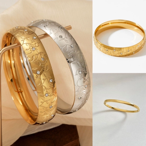 Brazalete De Acero Inoxidable Grabado Con Patrón Floral Y Circonita Joyería Retro Elegante Para Mujer