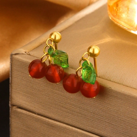 Sweet Fruit Stainless Steel Cherry Strawberry Peach Necklace And Earrings Gold Plated Enamel Vacation Jewelry For Women