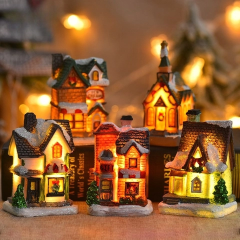 Christmas Miniature Glowing House Resin European Style LED Light Up Snow Cottage Village For Christmas Holiday Home Decor