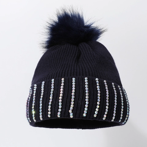 Women Winter Knit Beanie Hat Thick Warm Slouchy Cuff Cap With Faux Fur Pom Pom And Iridescent Rhinestones Decoration