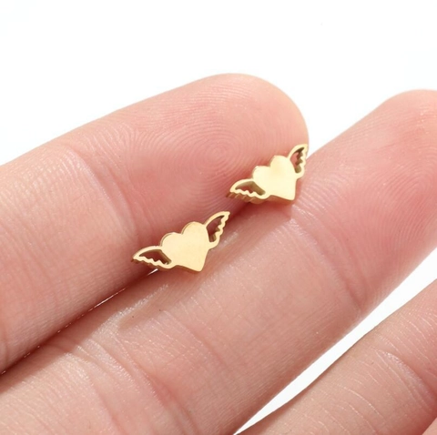 Minimalist Stainless Steel Heart Wing Stud Earrings For Women Japanese Korean Style Gold Silver Black Rose Gold Cute Jewelry