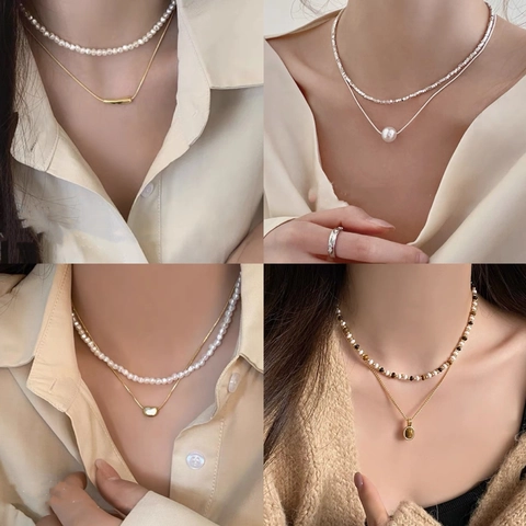 Artificial Pearl Necklace For Women Alloy Rhinestone Bow Heart Pendant Double Layer Fashion Jewelry Elegant Clavicle Chain