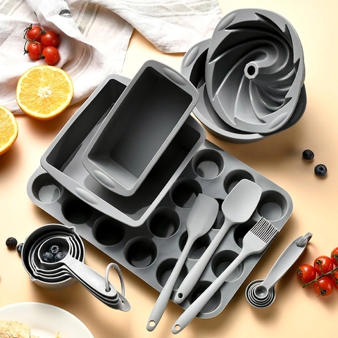 Moldes Silicona Hornear Molde Muffins Pan Pasteles Redondos Cuadrados Espátulas Pincel Aceite Utensilios Medida Gris