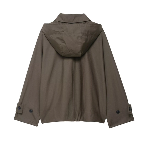 Women Hooded Windbreaker Jacket Loose Fit Single Breasted Outerwear Casual Long Sleeve Workwear Style Solid Color Autumn Coat