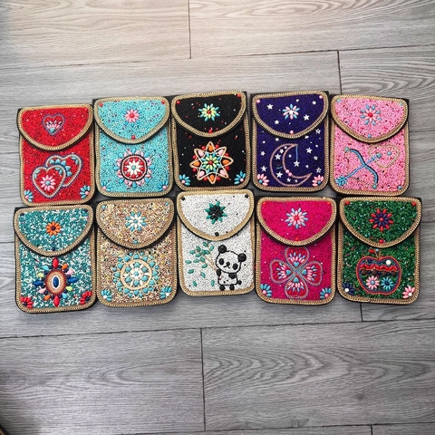 Böhmische Bestickte Umhängetasche Damen Handgefertigte Glasperlen Elefantenmuster Vintage Ethno Mini Handytasche Schultertasche