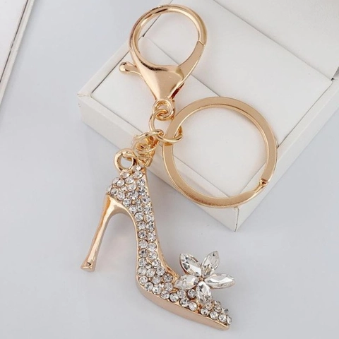 High Heel Shoe Keychain Rhinestone Crystal Flower Bag Pendant Car Key Ring Metal Zinc Alloy Heart Cutout Decor For Women
