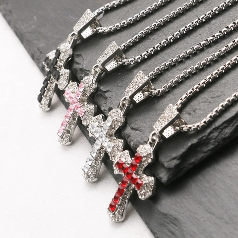 Hip Hop Alloy Cross Pendant Necklace With Square Cubic Zirconia Full Rhinestones Fashion Jewelry For Men Unisex