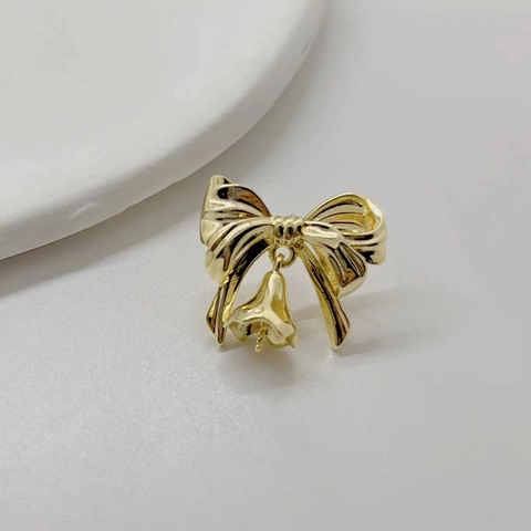 Bow Knot Bell Pendant Stud Earrings 14K Gold Plated Copper Earring Post Elegant Romantic Jewelry Women