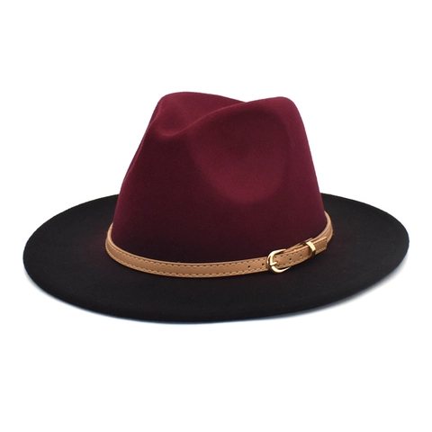 Vintage Fedora Hat Gradient Color Block Wide Brim Felt With Leather Belt Buckle Jazz Cap For Women Men British Style